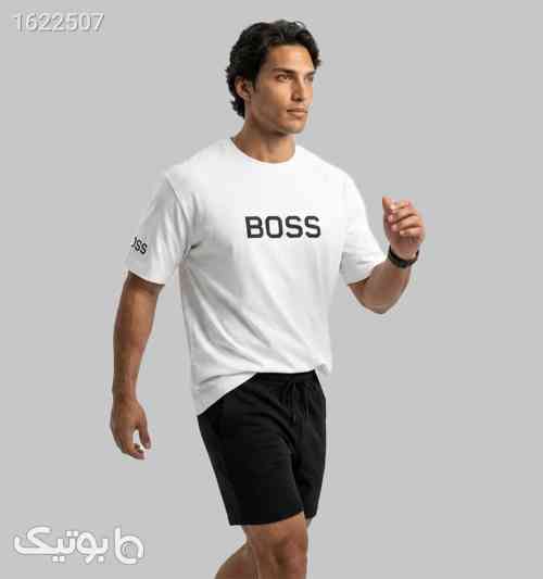 تیشرت Boss یقه گرد مردانه سفید نخ پنبه طرح دار