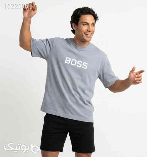 تیشرت Boss یقه گرد مردانه طوسی نخ پنبه طرح دار