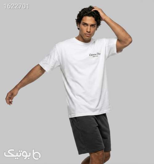 تیشرت یقه گرد مردانه باکسی سفید نخ پنبه طرح دار سفید 05 2026