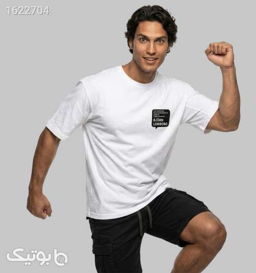 تیشرت یقه گرد مردانه باکسی سفید نخ پنبه طرح دار سفید 05 2026