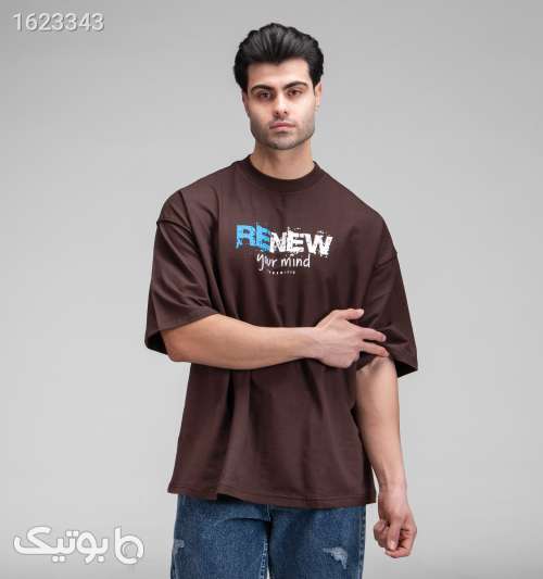تیشرت یقه گرد مردانه باکسی ماکان طرح دار قهوه ای 05 2026