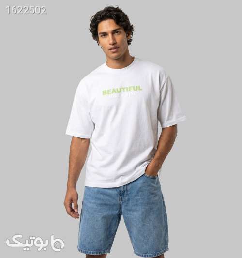 تیشرت یقه گرد مردانه سفید مچینست طرح دار سفید 05 2026