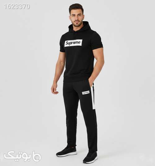 ست مردانه تیشرت کلاه دار و شلوار Supreme مشکی مشکی 05 2026