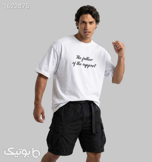 تیشرت یقه گرد مردانه باکسی سفید نخ پنبه طرح دار سفید 05 2026