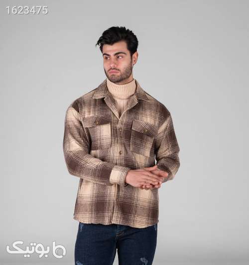 پیراهن اسپرت پشمی مردانه آستین بلند چهارخانه طلایی 05 2026