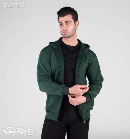 سویشرت کلاه‌دار مردانه زیپ‌دار اسپان ساده سبز یشمی سبز 05 2026