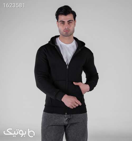 سویشرت کلاه‌دار مردانه زیپ‌دار اسپان مشکی ساده مشکی 05 2026