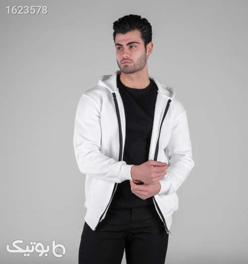 سویشرت کلاه‌دار مردانه سفید اسپان زیپ‌دار ساده سفید 05 2026