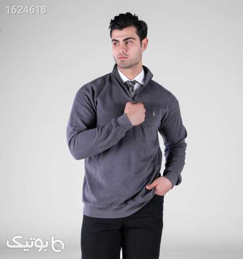 بلوز مردانه سلانیک نیم‌زیپ یقه ایستاده ساده طوسی تیره طوسی 05 2026