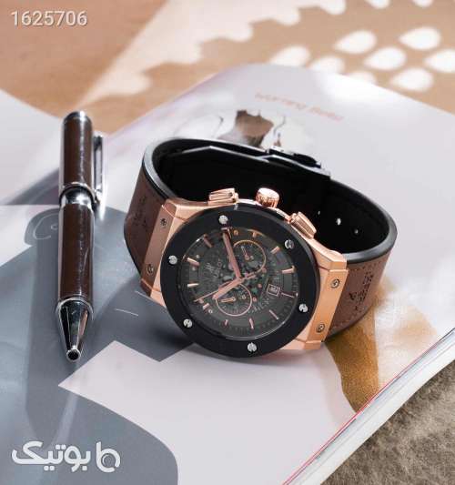 ساعت مچی عقربه‌ای مردانه Hublot با بند رابر قهوه‌ای تیره و صفحه مشکی قهوه ای 05 2026