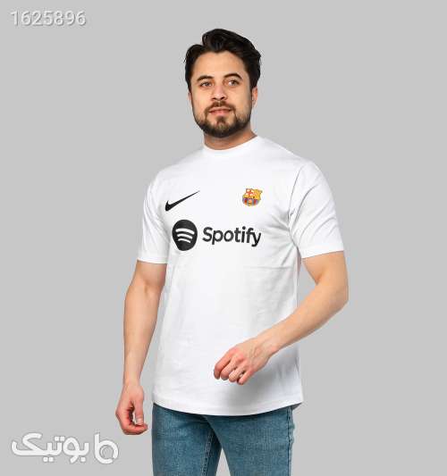 کیت ورزشی بارسلونا یقه گرد مردانه تیشرت پنبه‌ای چاپی سفید سفید 05 2026