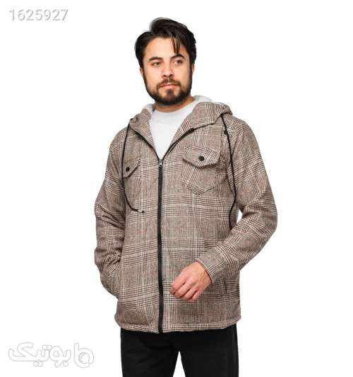 سویشرت مردانه زیپ‌دار پشمی کلاه‌دار چهارخونه قهوه ای 05 2026