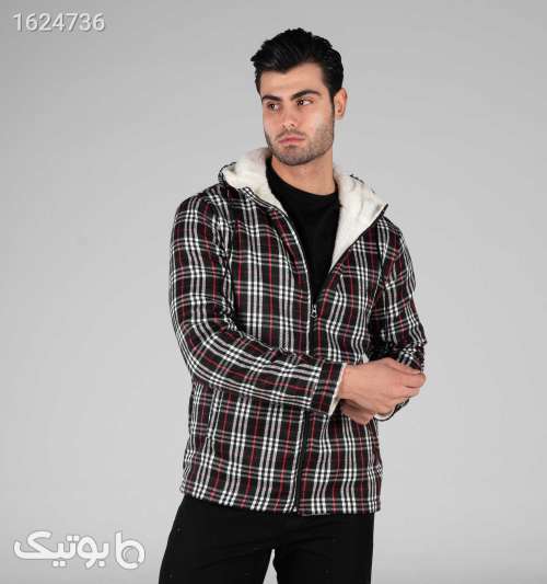 سویشرت پشمی مردانه کلاه‌دار چهارخانه نیم‌زیپ مشکیقرمز مشکی 05 2026