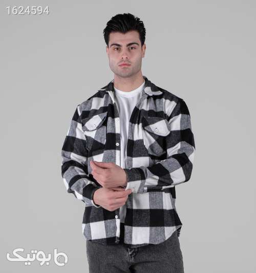 پیراهن مردانه اسپرت پشمی چهارخانه آستین‌بلند دکمه‌ای سفید 05 2026