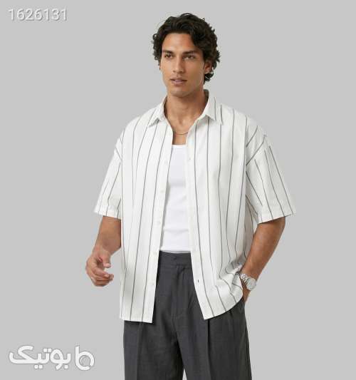 پیراهن آستین کوتاه مردانه باکسی راه‌راه نخ‌پنبه سفید مشکی سفید 05 2026