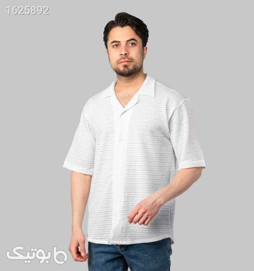 پیراهن اسپرت مراکشی مردانه نیم‌ آستین سفید دکمه‌ای سایز بزرگ سفید 05 2026