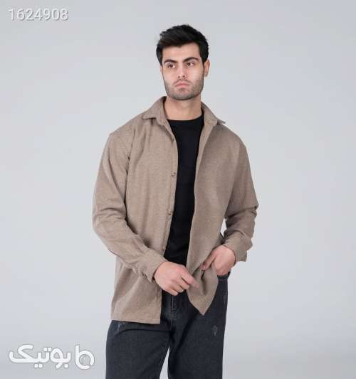 پیراهن اسپرت پشمی مردانه آستین بلند ساده نسکافه‌ای کرم 05 2026