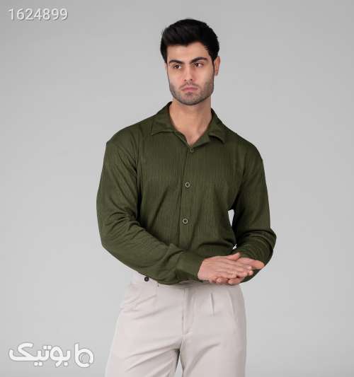 پیراهن مراکشی مردانه راه‌راه آستین‌بلند سبزتیره یقه برگردان سبز 05 2026