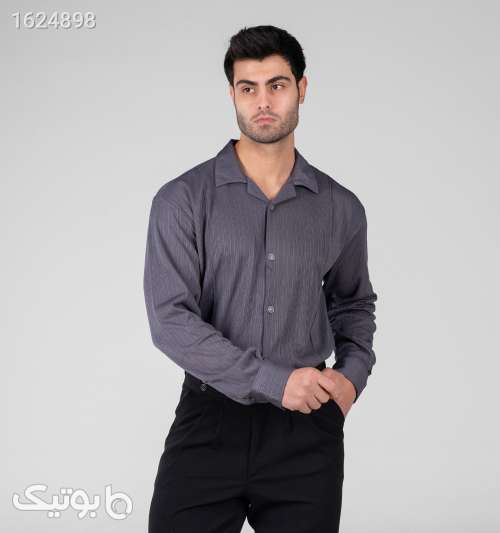 پیراهن مردانه مراکشی راه‌راه طوسی آستین بلند یقه برگردان طوسی 05 2026