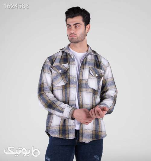 پیراهن مردانه پشمی اسپرت چهارخانه آستین بلند سورمه‌ای و کرمی سورمه ای 05 2026