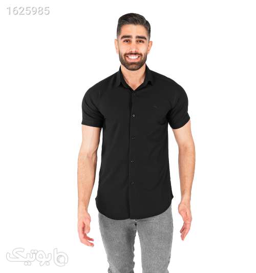 پیراهن نخی مردانه آستین کوتاه مشکی ساده یقه برگردان مشکی 05 2026