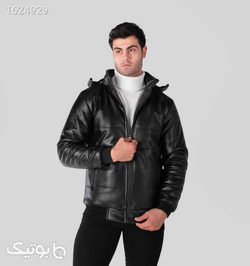 کاپشن اسپرت چرم مصنوعی مردانه کلاه‌دار زیپ‌دار مشکی مشکی 05 2026