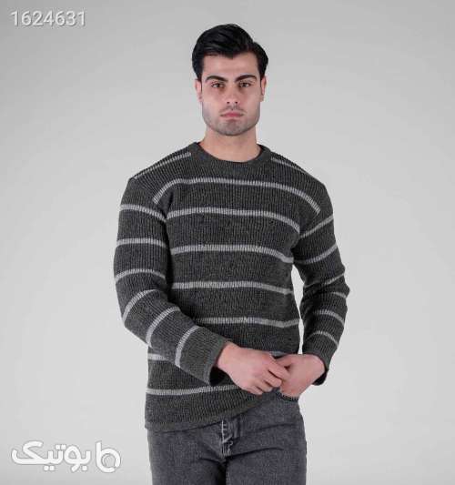 بافت مردانه یقه گرد راه‌راه طوسی تیره فری سایز رینگی زاپ‌دار طوسی 05 2026