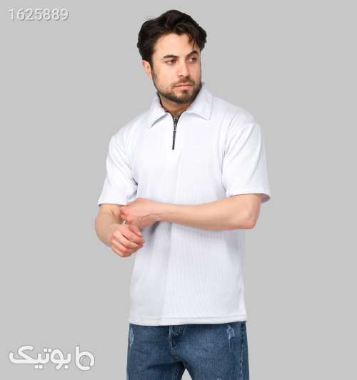 تیشرت مراکشی نیم‌زیپ یقه برگردان مردانه سفید سفید 05 2026