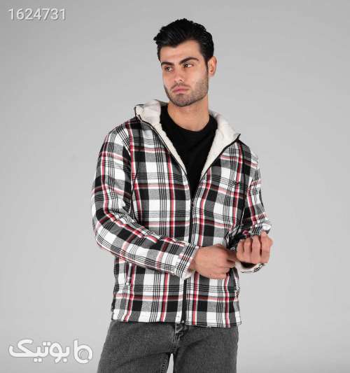 سویشرت پشمی مردانه چهارخانه کلاه‌دار زیپ‌دار سفید طوسی سفید 05 2026