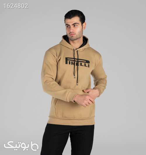 هودی مردانه کلاه‌دار چاپی دورس دو نخ نخودی کرم 05 2026