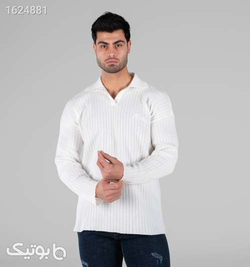 پلیور بافت مردانه یقه انگلیسی راه راه سفید فری‌سایز سفید 05 2026